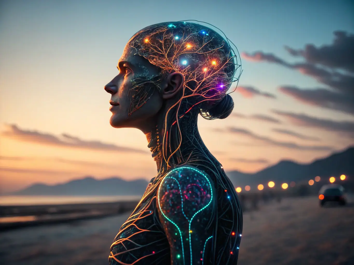 A digital illustration depicting an AI brain connected to various marketing tools, symbolizing automated marketing processes.