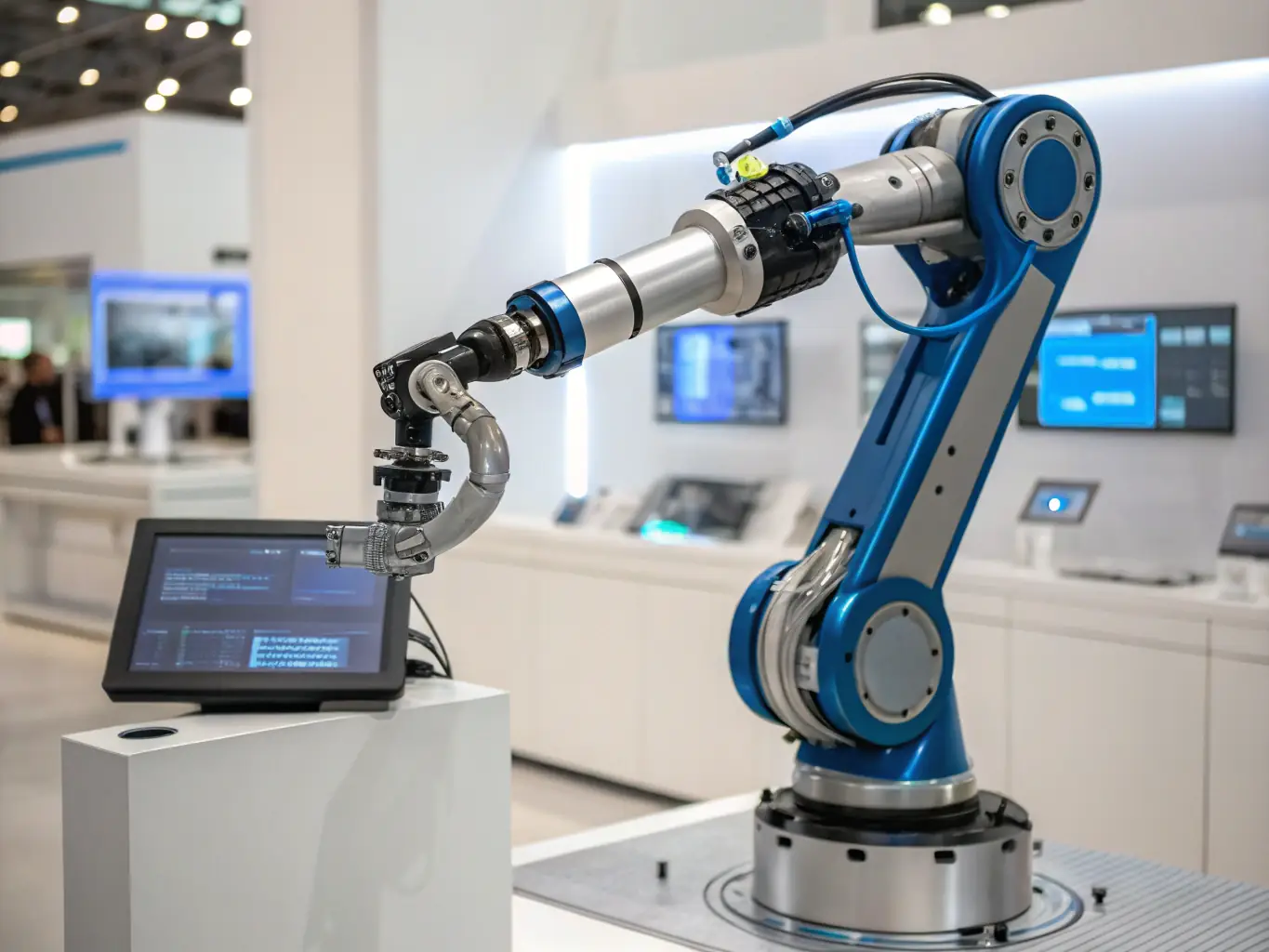 A digital illustration depicting a robot arm automating tasks on a computer screen, symbolizing increased efficiency and reduced manual labor.