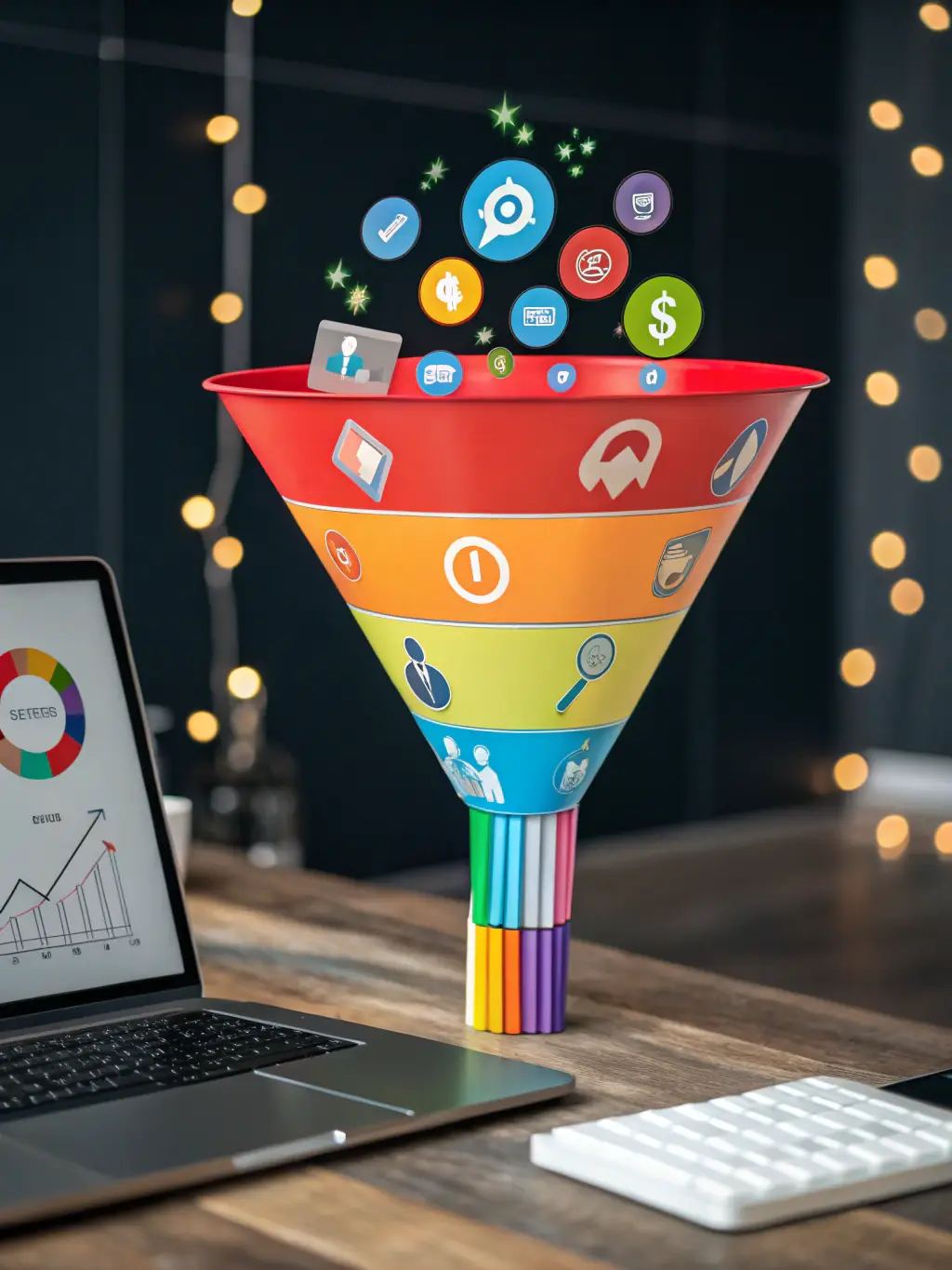 A visually appealing image depicting a sales funnel with leads entering at the top and converting into customers at the bottom, symbolizing the lead nurturing process.