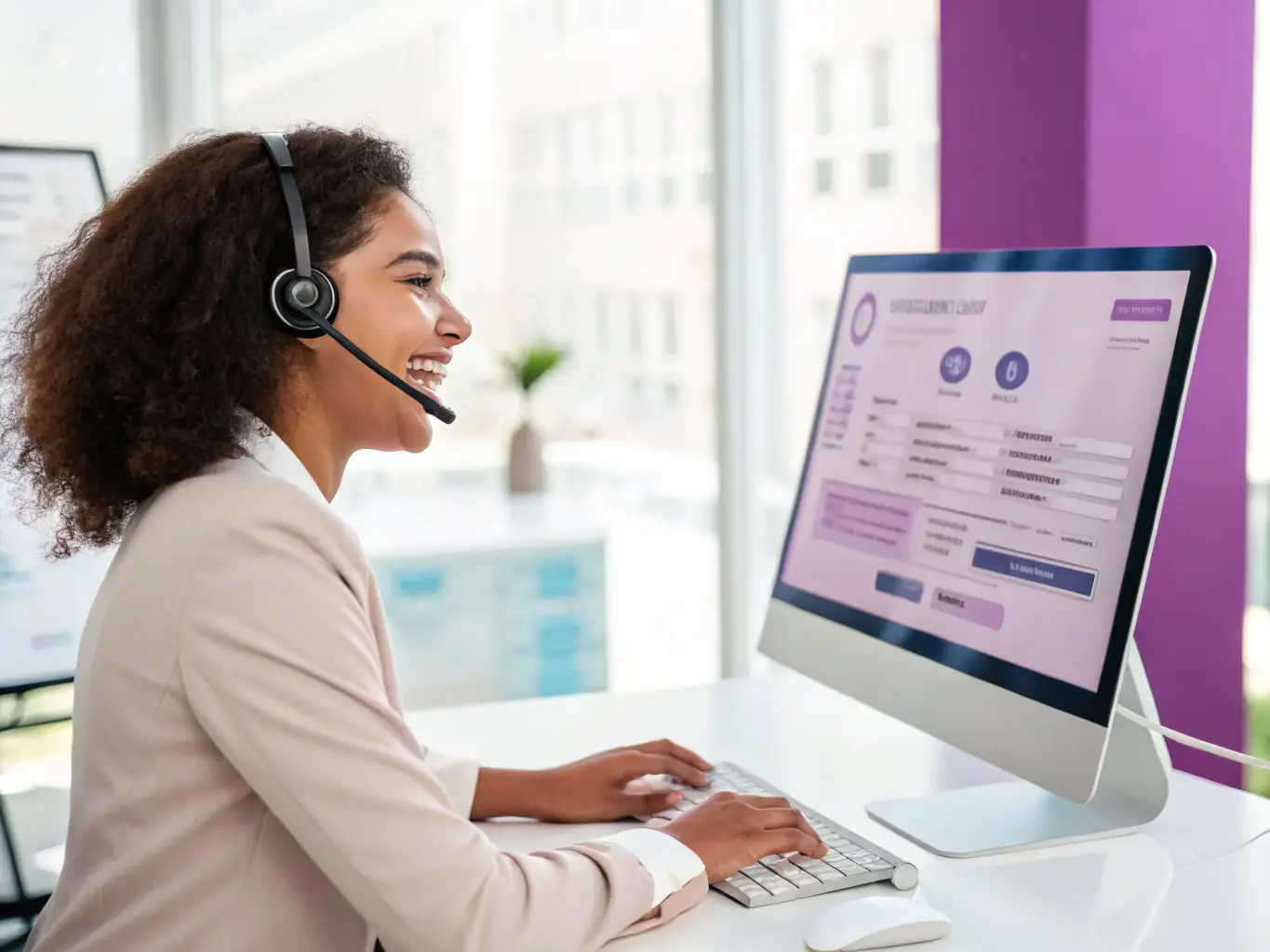 An image showcasing a customer service representative interacting with a chatbot interface, highlighting the efficiency and responsiveness of AI-powered customer support. The image should convey seamless communication and customer satisfaction.