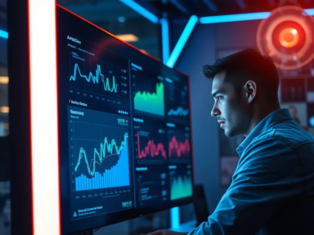 A visually striking image depicting a futuristic dashboard with various data points and charts, symbolizing AI-driven insights and automation in a business setting. The image should convey efficiency and technological advancement.