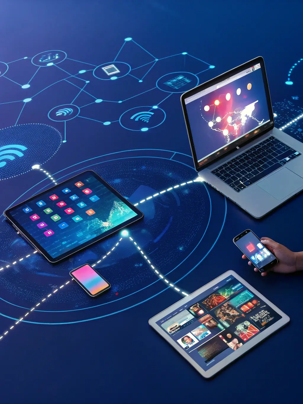 A graphic depicting a network of interconnected devices with AI nodes, illustrating IoT automation capabilities.