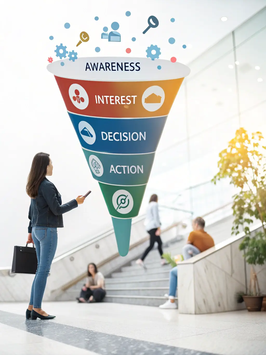 A digital illustration of a sales funnel with AI icons flowing through it, representing automated sales processes.